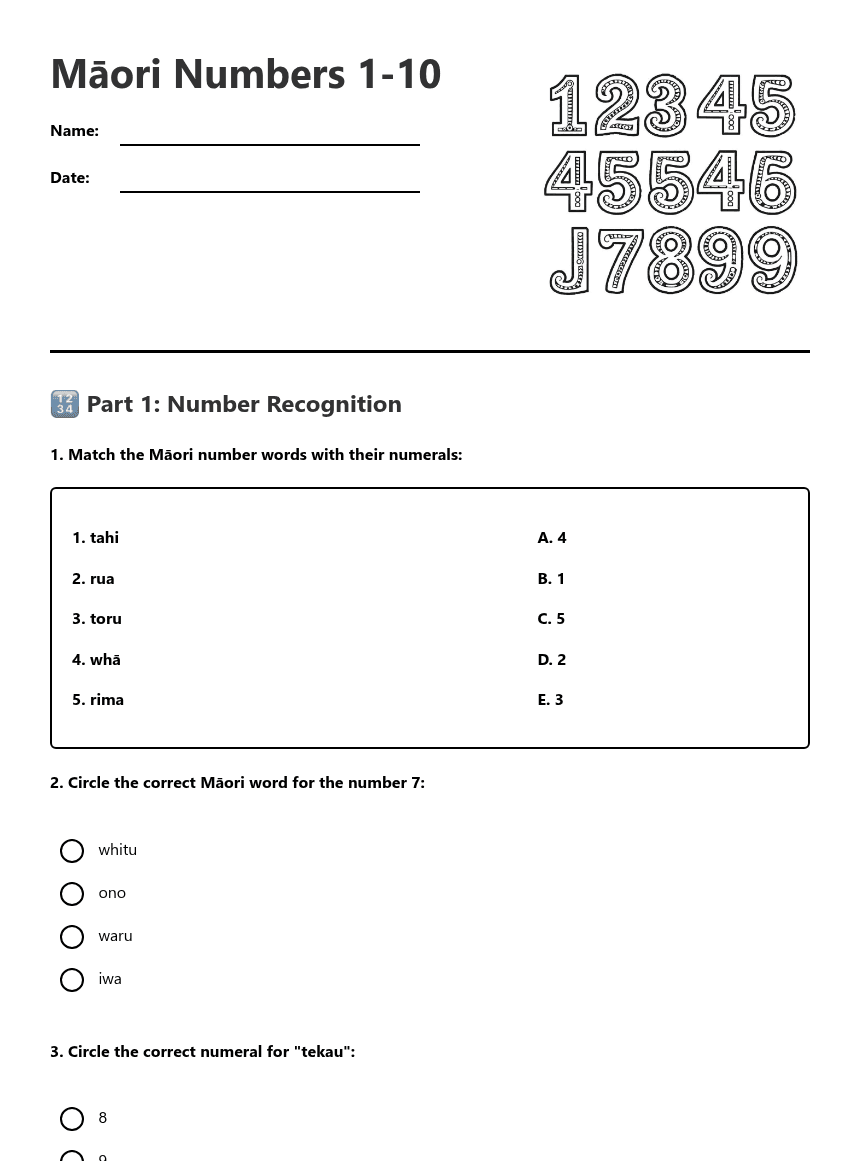Māori Numbers 1-10 worksheet preview