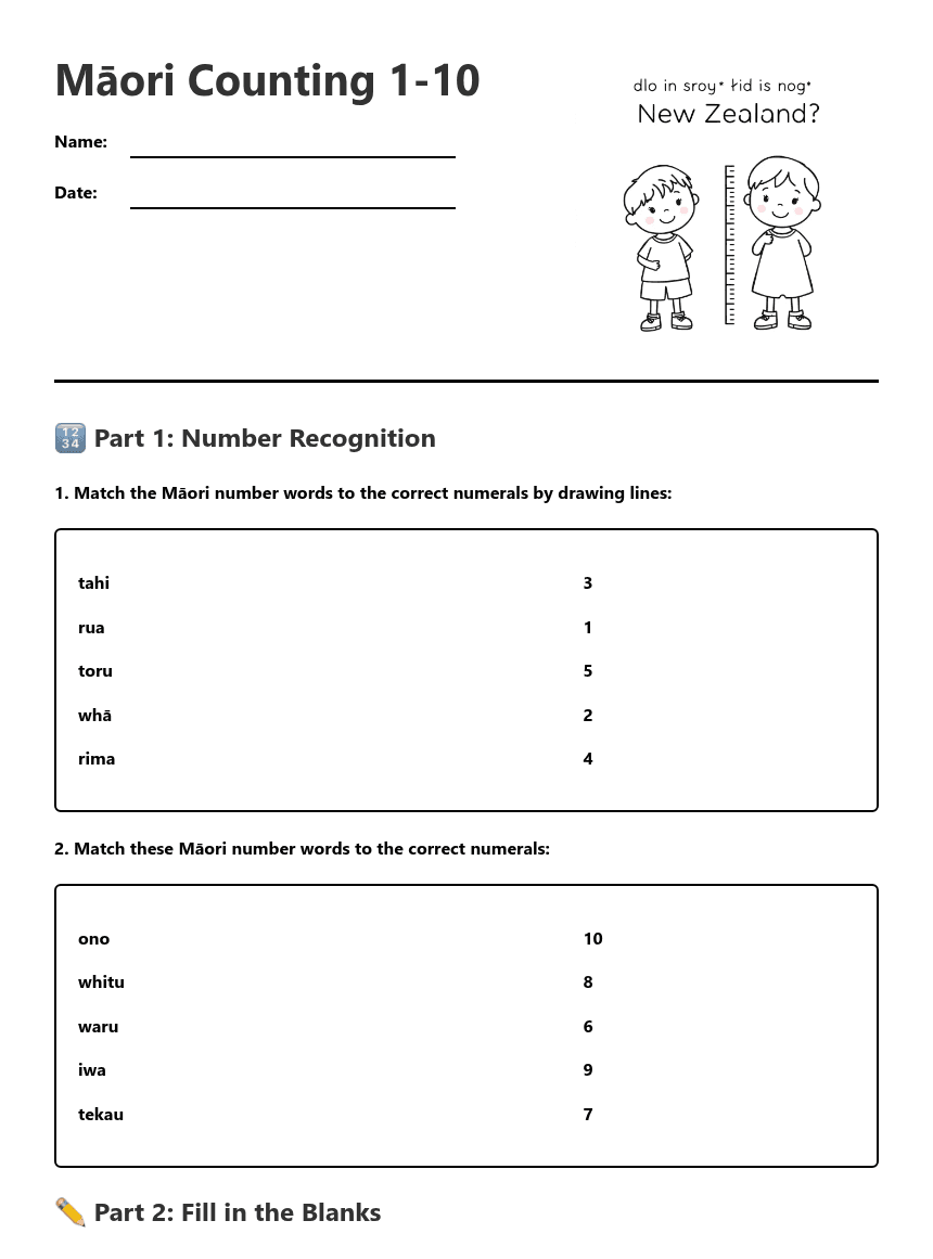 Māori Counting 1-10 worksheet preview