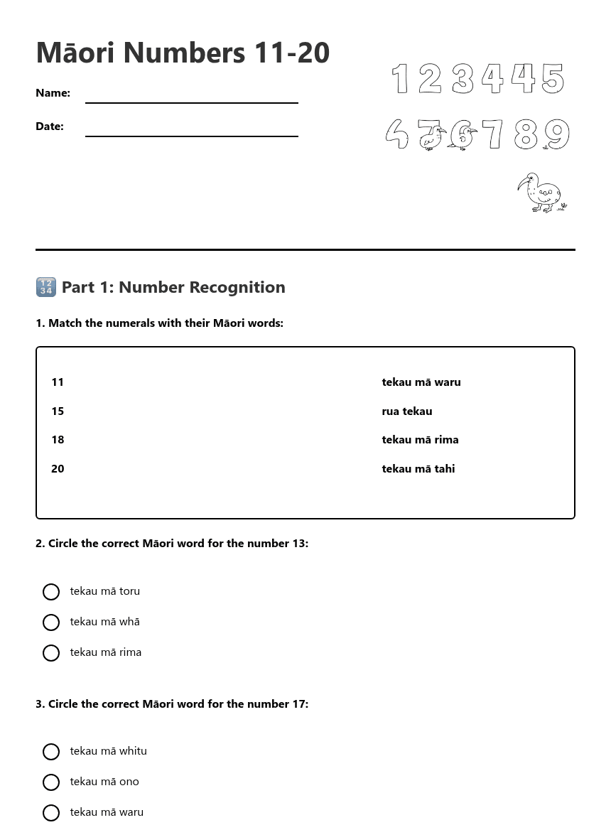 Māori Numbers 11-20 worksheet preview