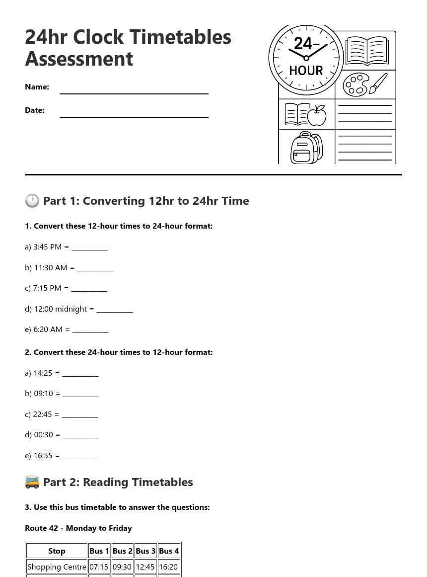 24hr Clock Timetables Assessment worksheet preview