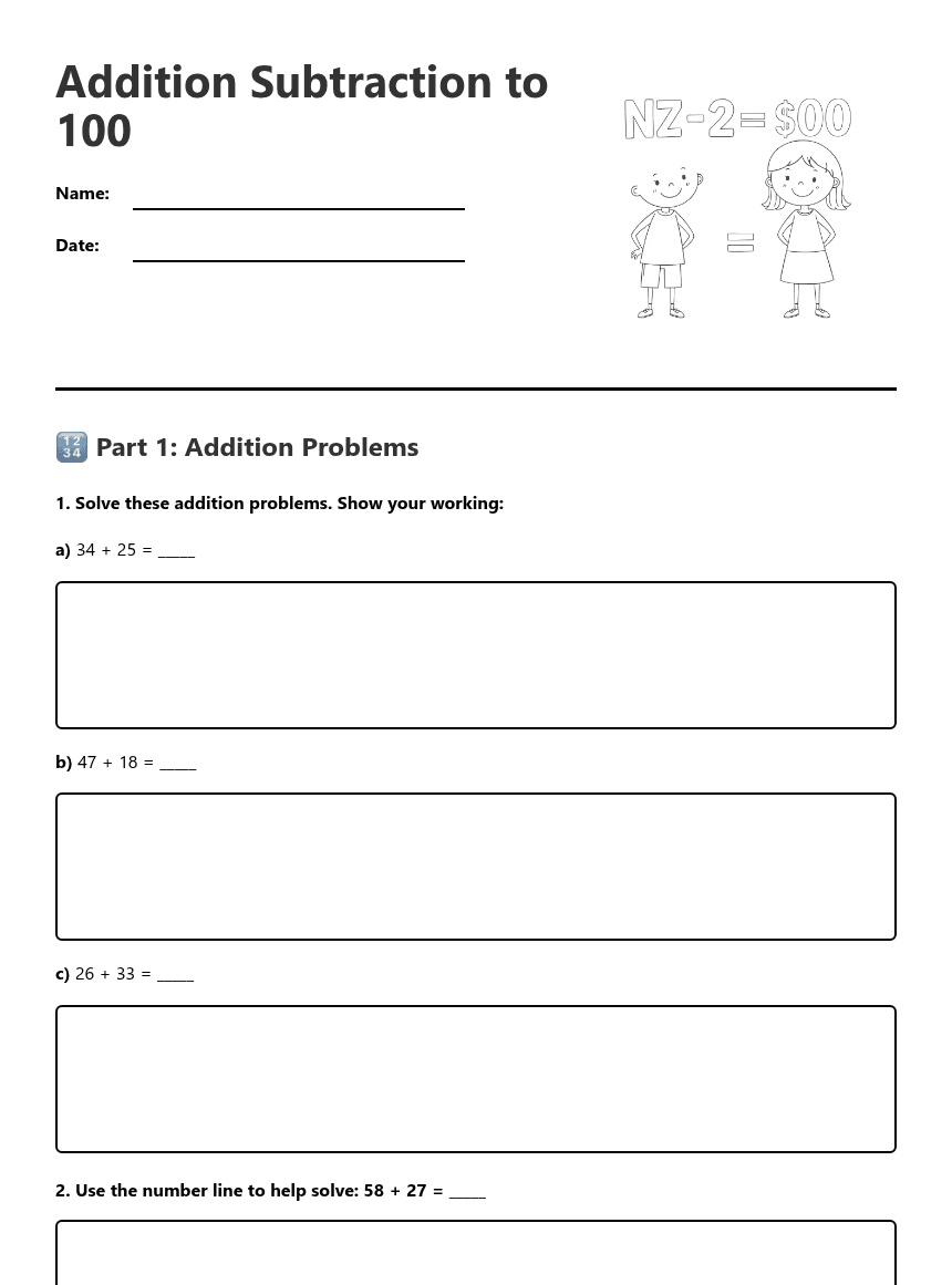 Addition Subtraction to 100 worksheet preview