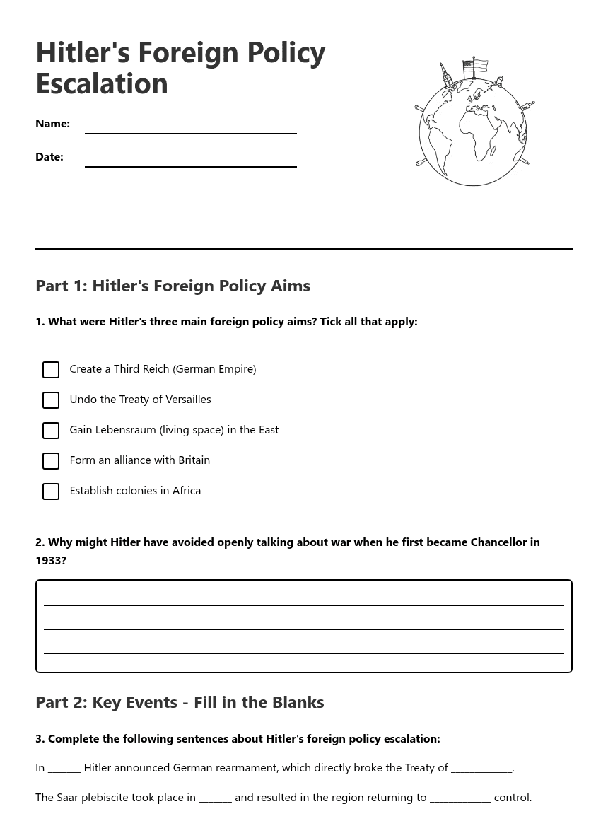 Hitler's Foreign Policy Escalation worksheet preview