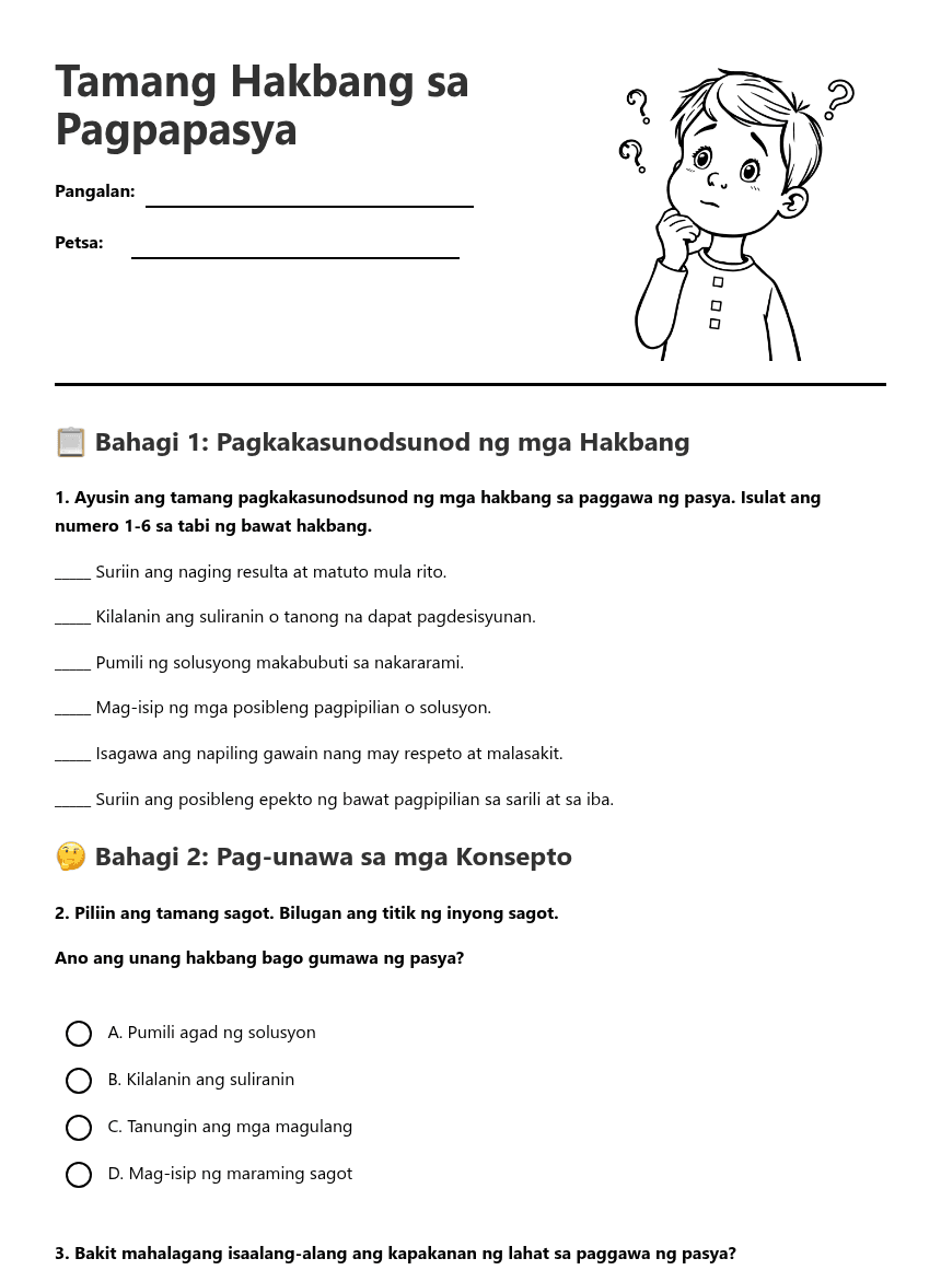 Tamang Hakbang sa Pagpapasya worksheet preview
