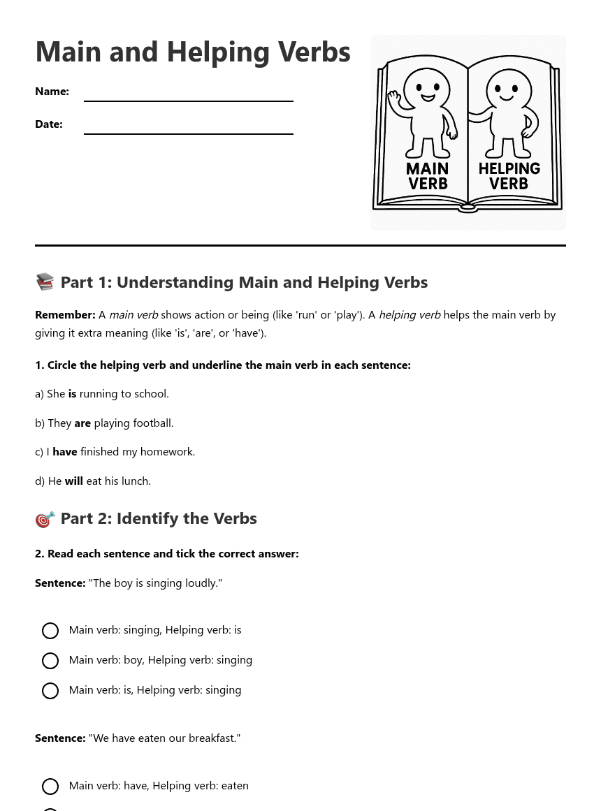 Main and Helping Verbs worksheet preview