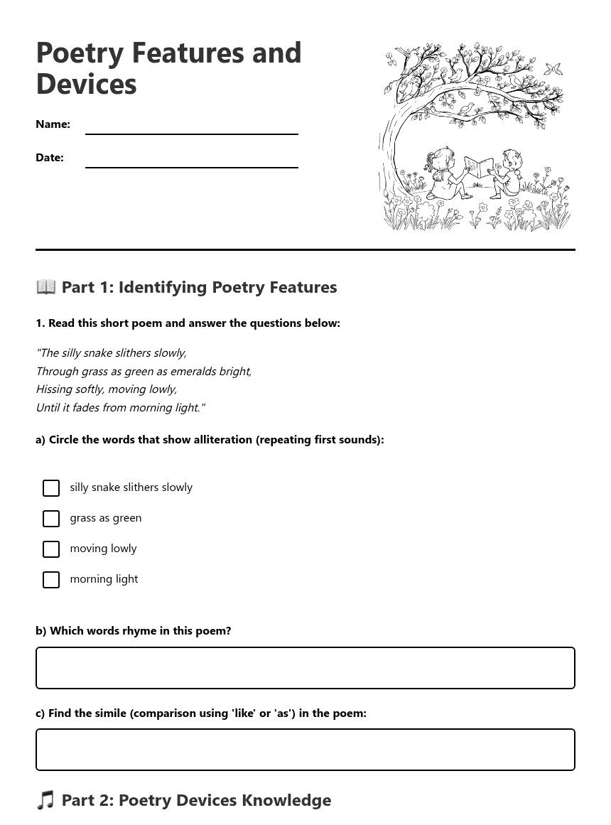 Poetry Features and Devices worksheet preview