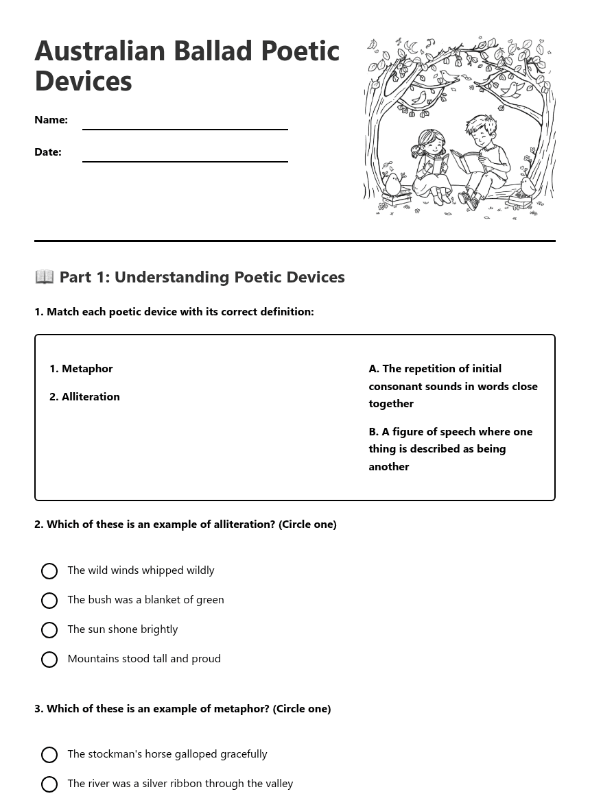 Australian Ballad Poetic Devices worksheet preview