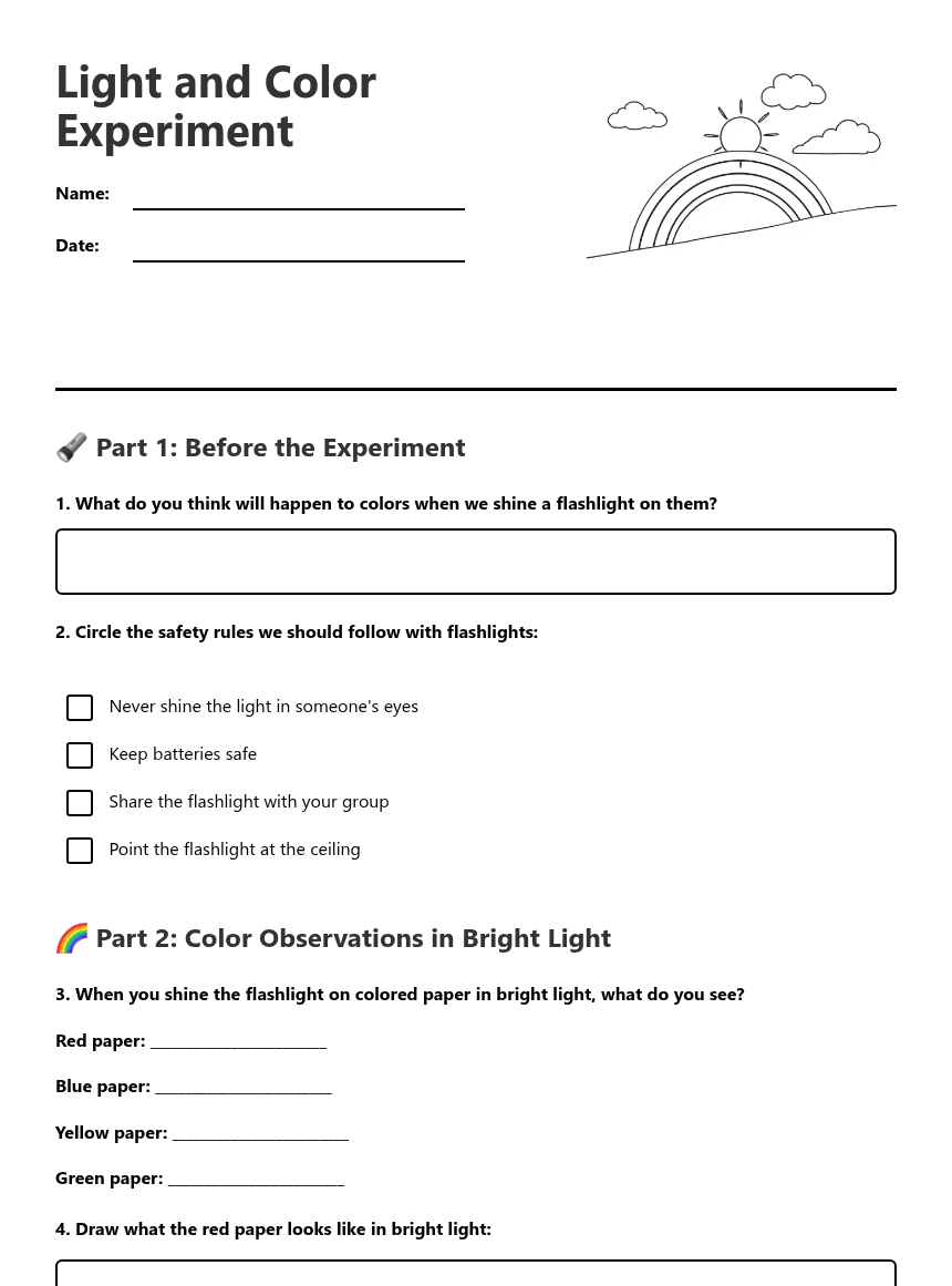 Light and Color Experiment worksheet preview