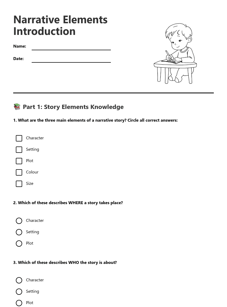 Narrative Elements Introduction worksheet preview