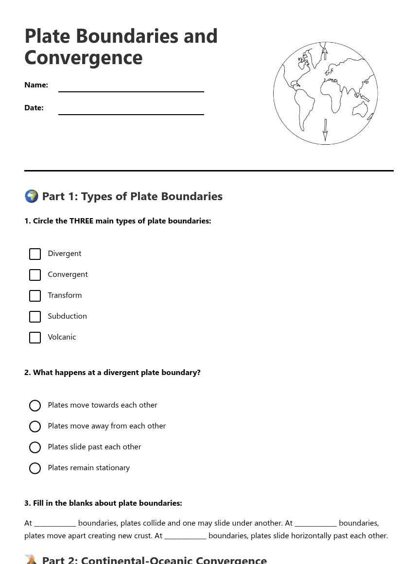 Plate Boundaries and Convergence worksheet preview