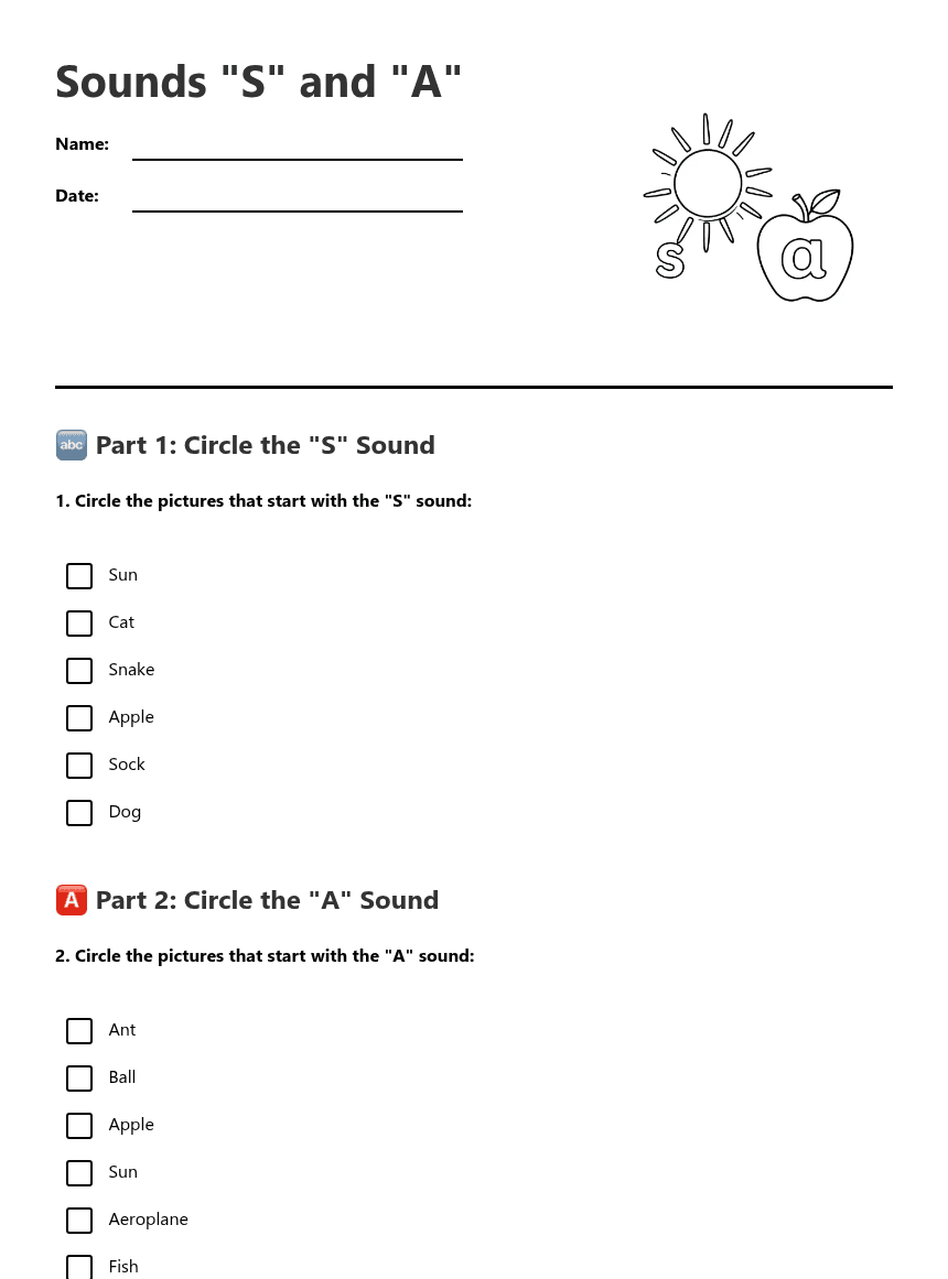 Sounds "S" and "A" worksheet preview