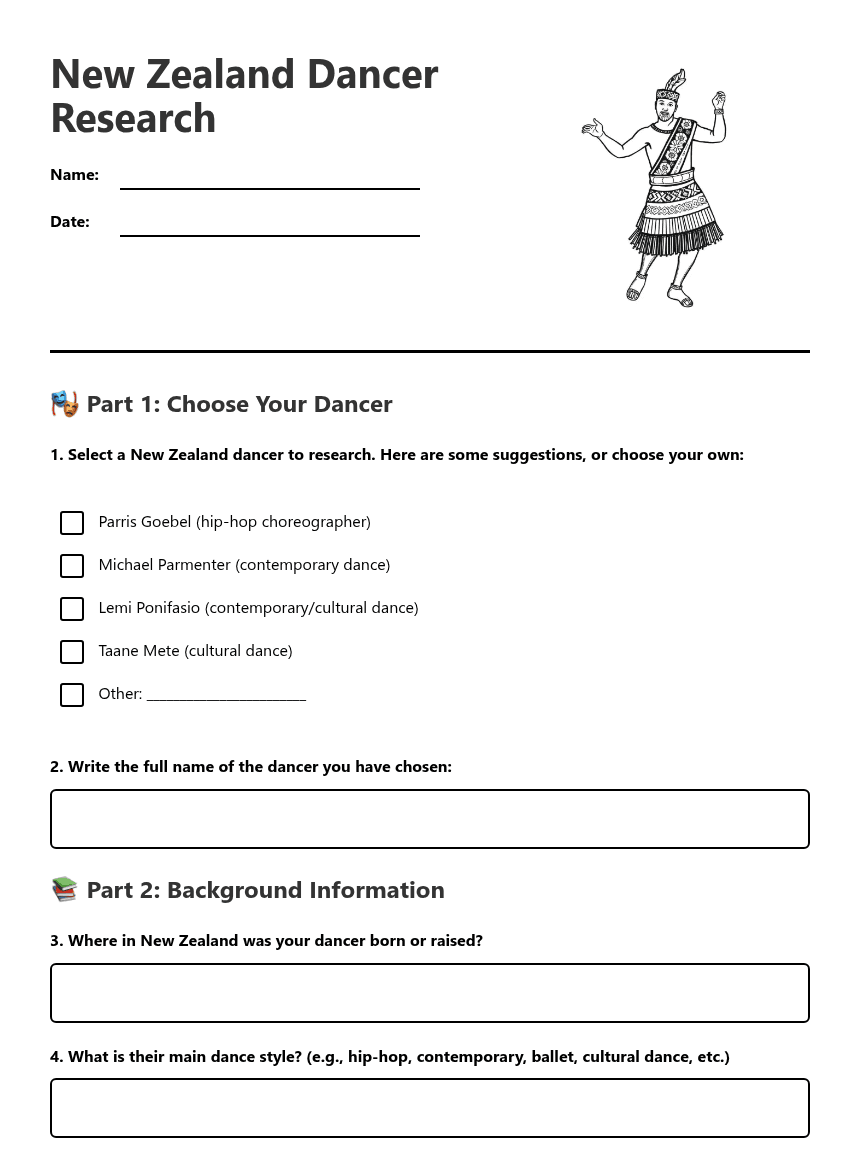 New Zealand Dancer Research worksheet preview