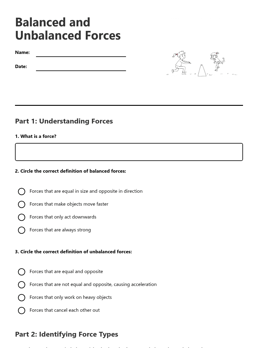 Balanced and Unbalanced Forces worksheet preview