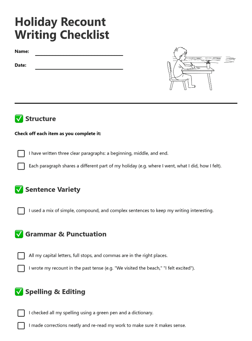 Holiday Recount Writing Checklist