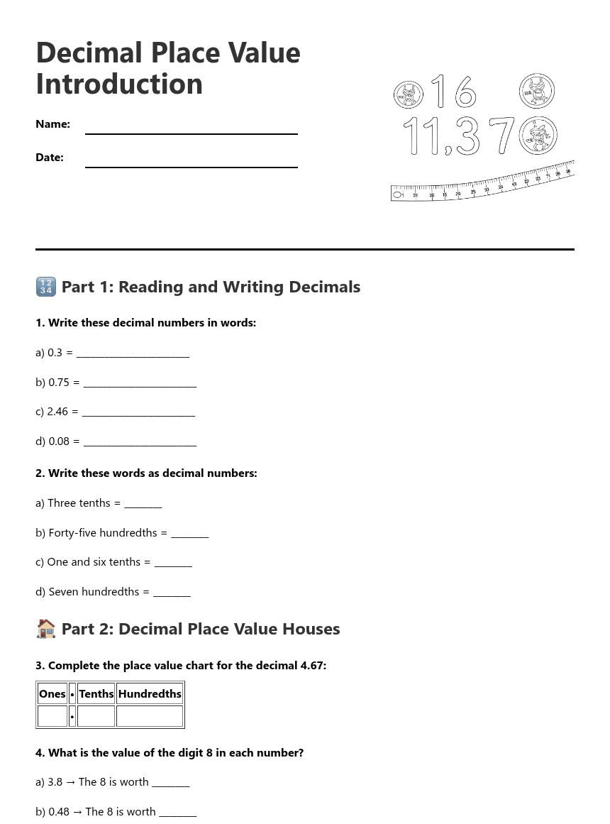 Decimal Place Value Introduction worksheet preview