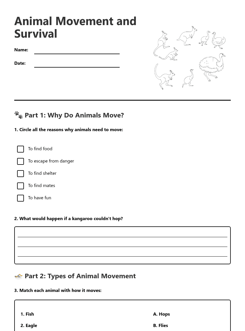 Animal Movement and Survival worksheet preview