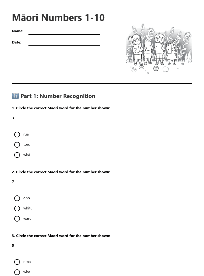 Māori Numbers 1-10 worksheet preview
