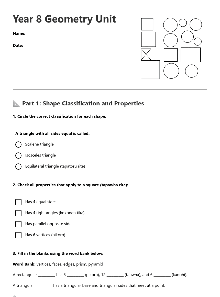 Year 8 Geometry Unit worksheet preview