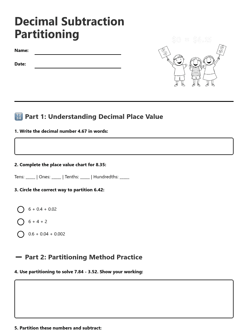 Decimal Subtraction Partitioning worksheet preview