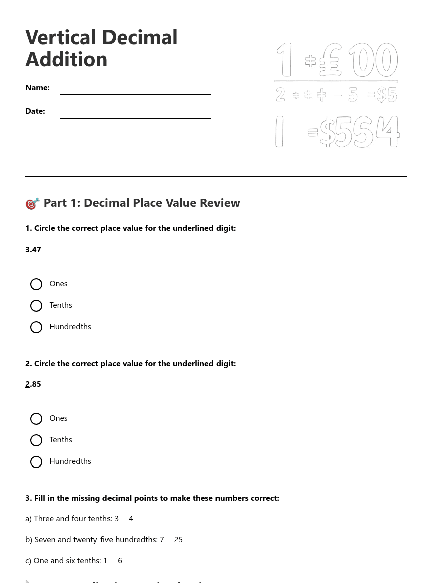 Vertical Decimal Addition worksheet preview