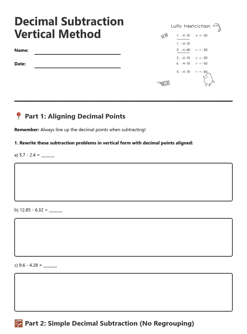 Decimal Subtraction Vertical Method