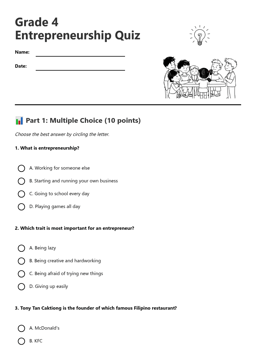 Grade 4 Entrepreneurship Quiz worksheet preview