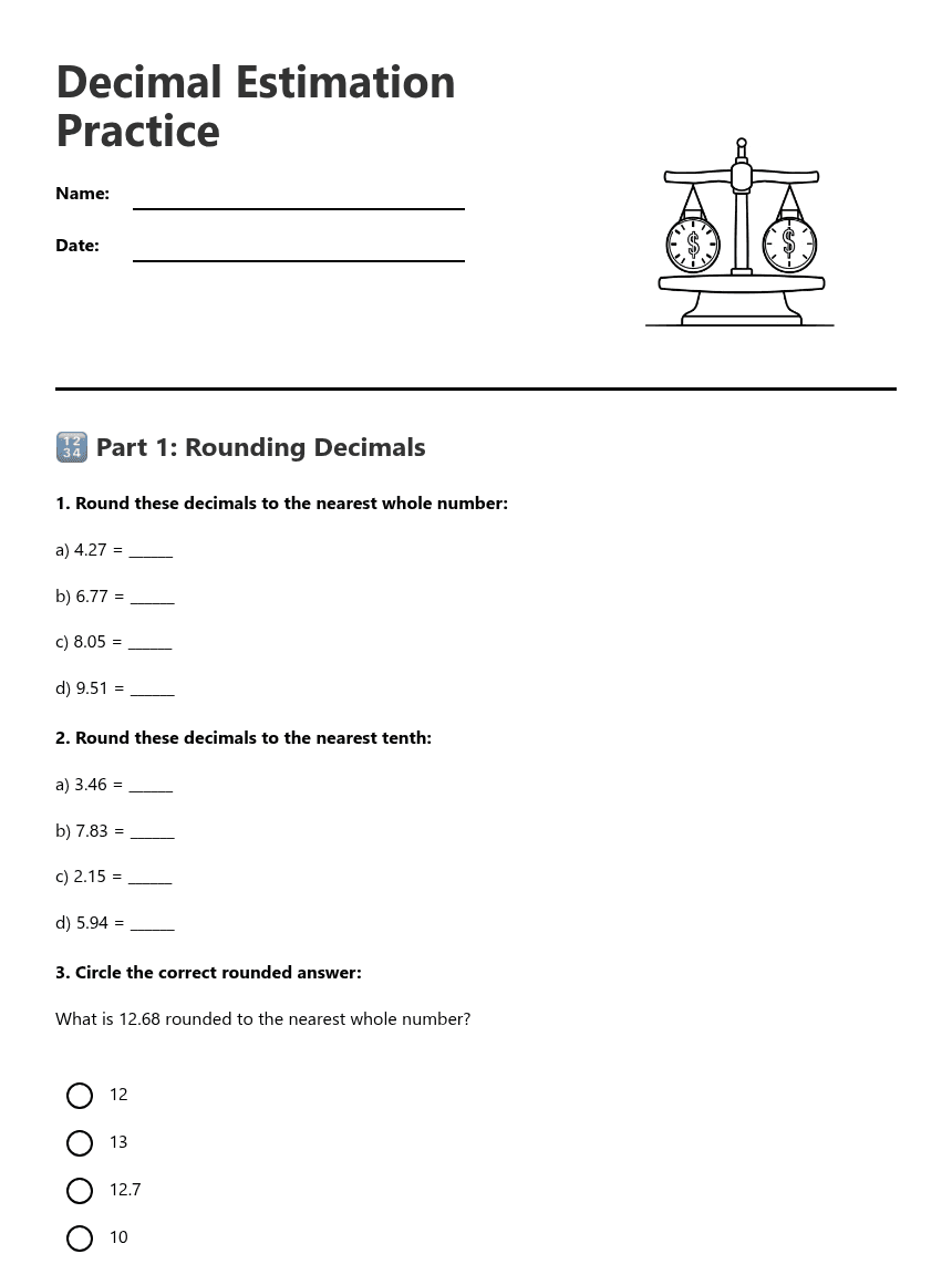 Decimal Estimation Practice worksheet preview