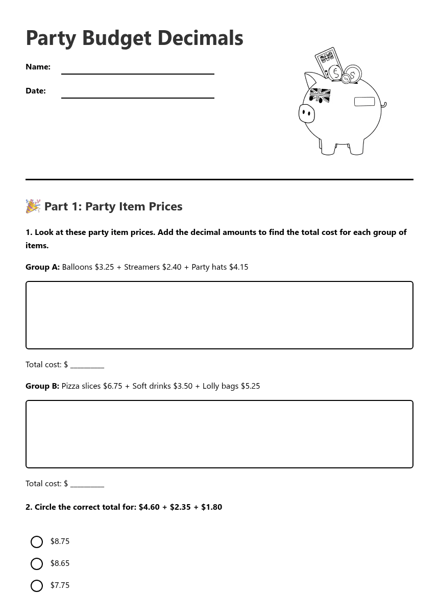 Party Budget Decimals worksheet preview