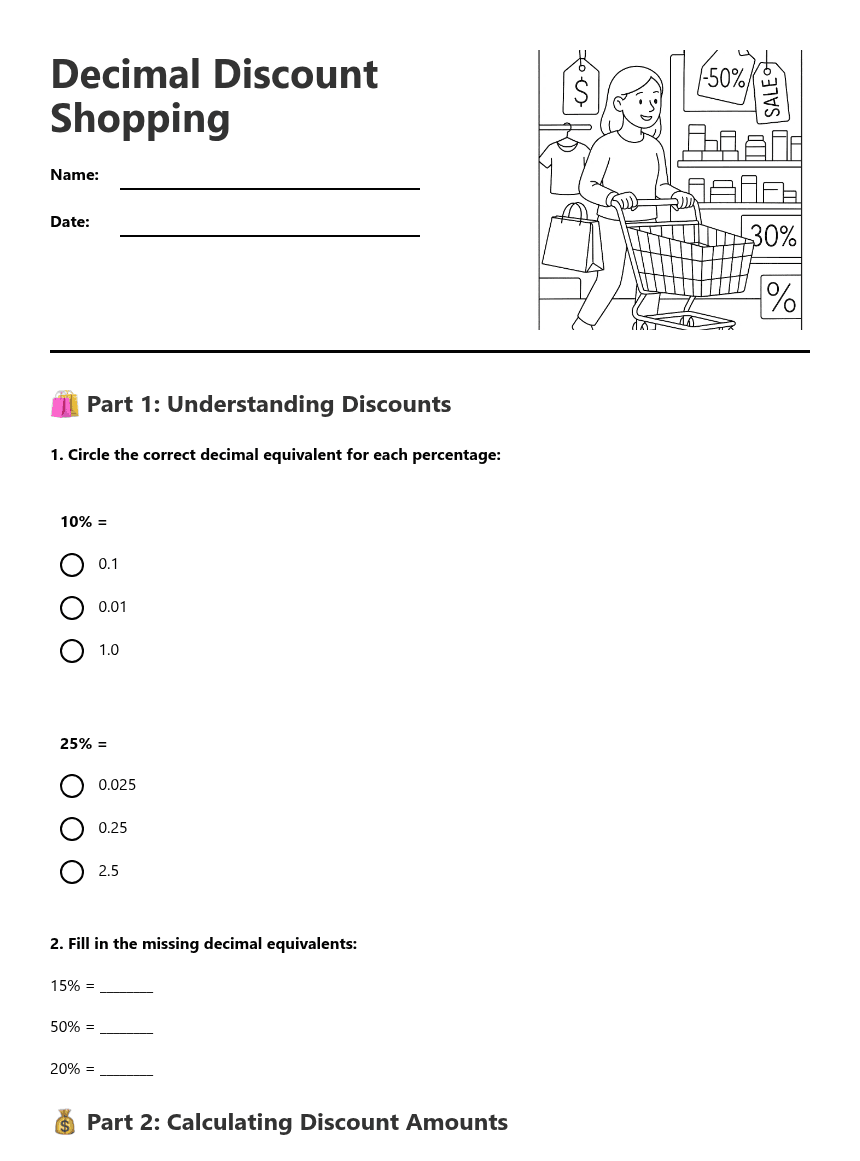Decimal Discount Shopping worksheet preview
