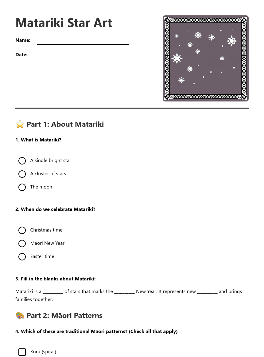 Matariki Star Art worksheet preview