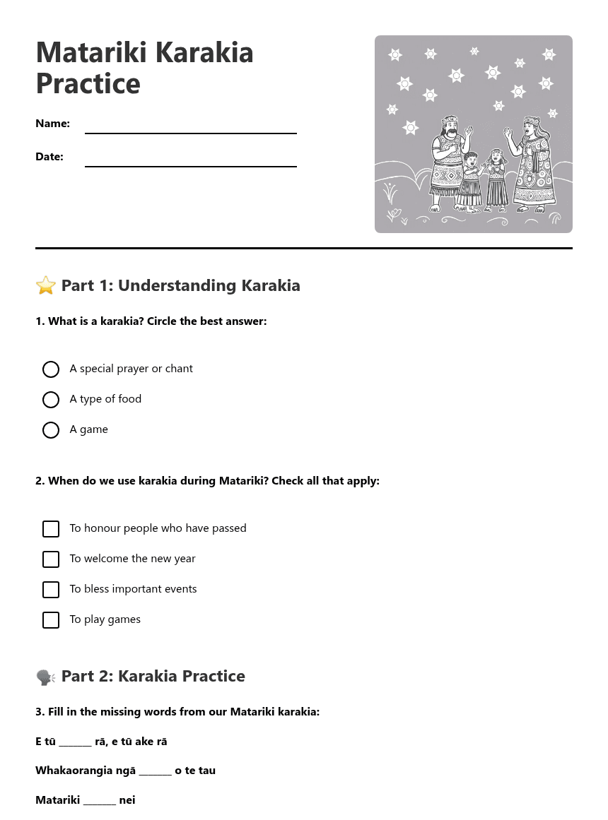 Matariki Karakia Practice worksheet preview