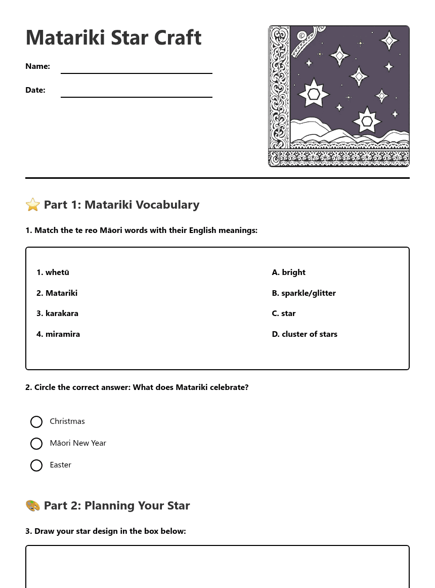 Matariki Star Craft worksheet preview
