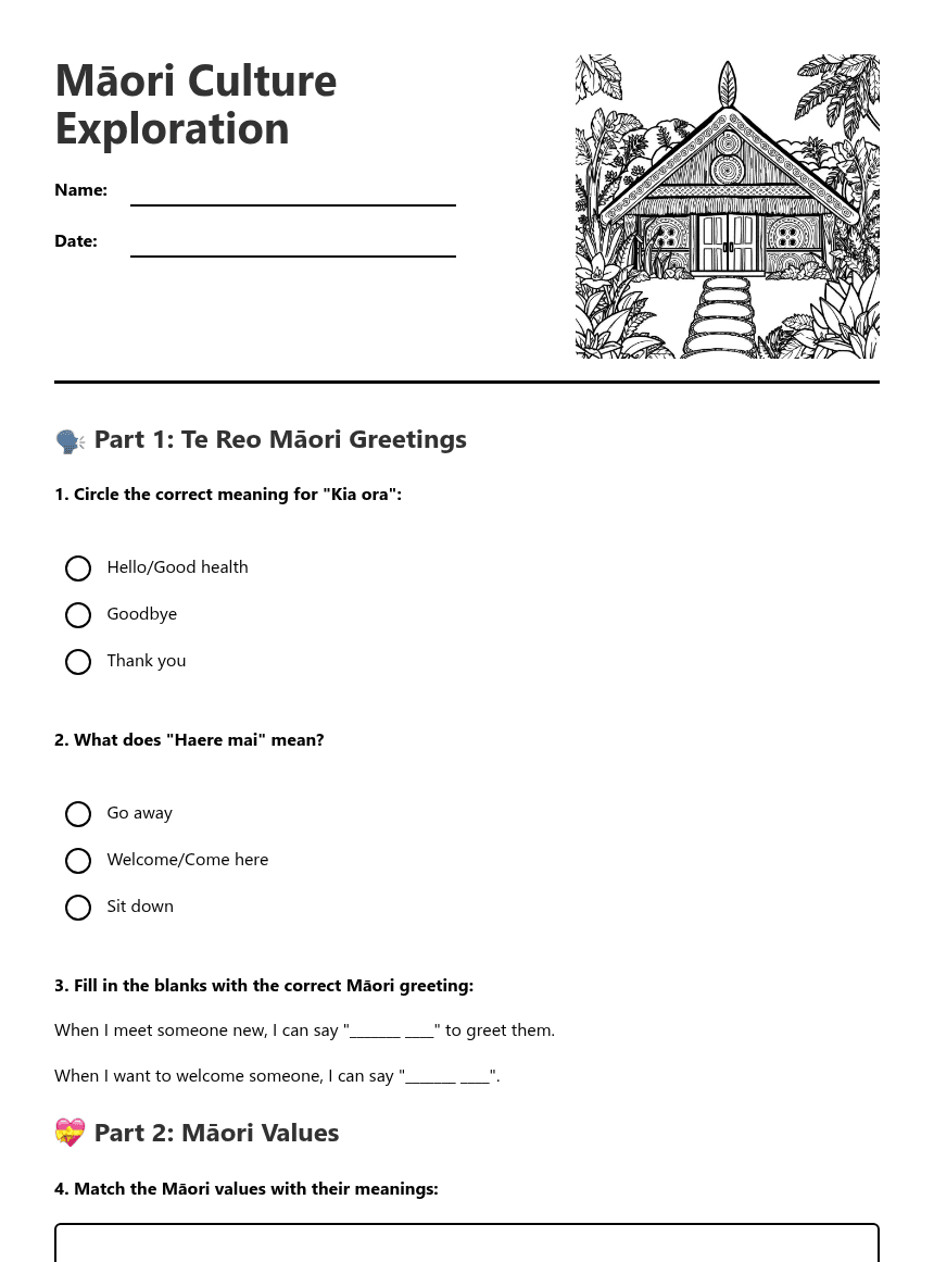 Māori Culture Exploration worksheet preview
