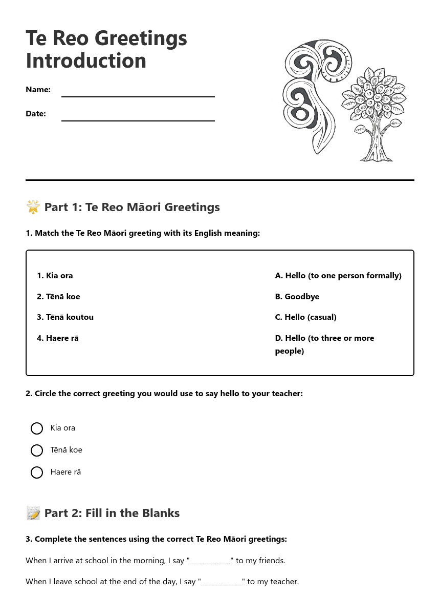 Te Reo Greetings Introduction worksheet preview
