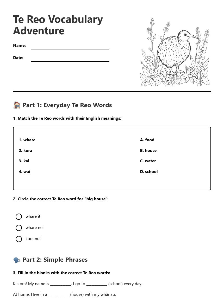 Te Reo Vocabulary Adventure worksheet preview