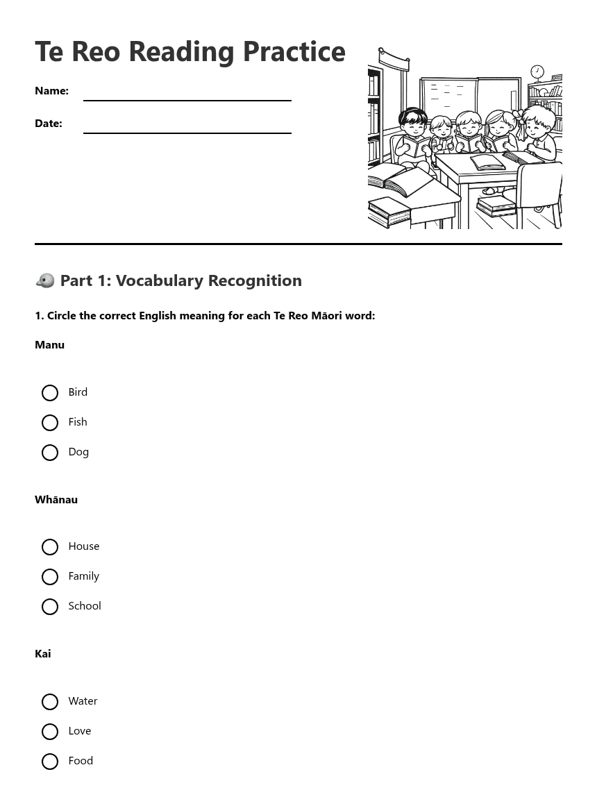 Te Reo Reading Practice worksheet preview