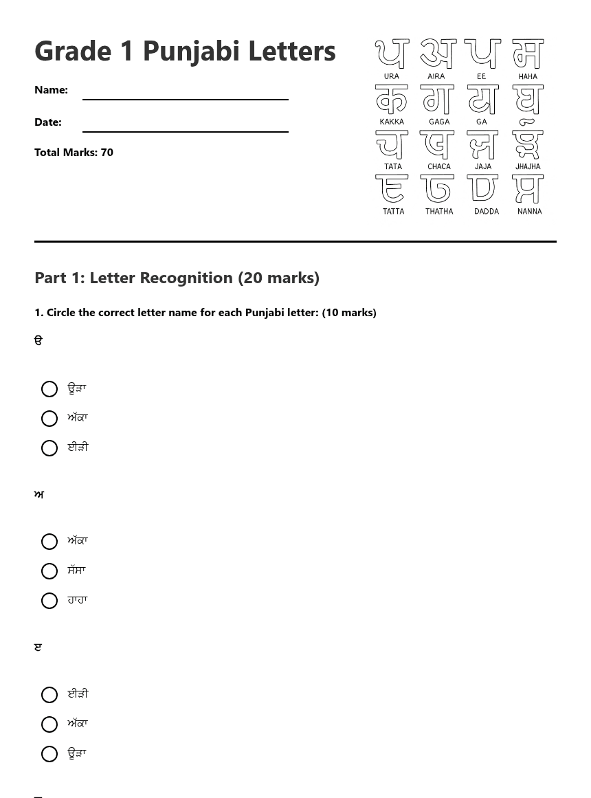 Grade 1 Punjabi Letters worksheet preview