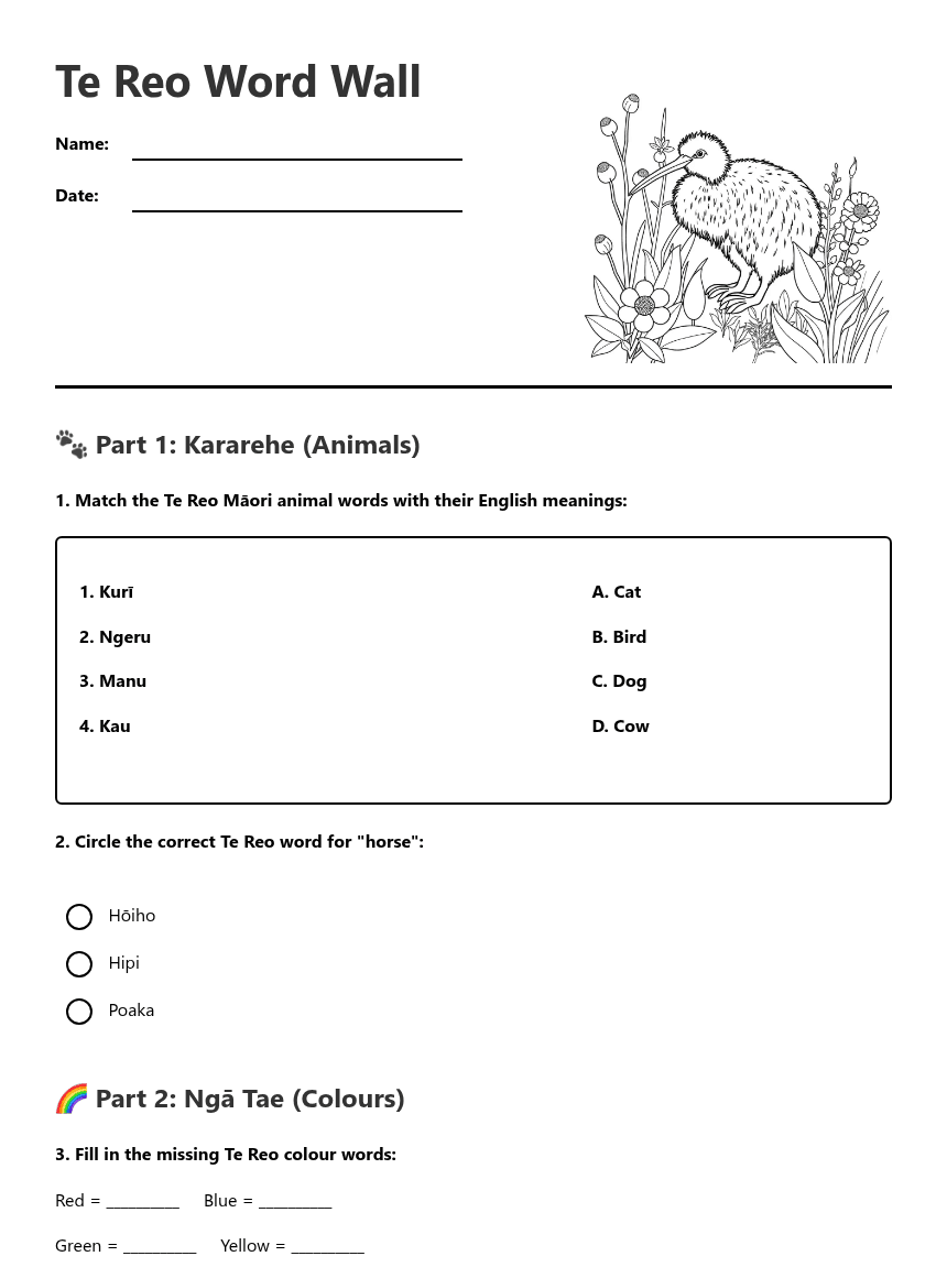 Te Reo Word Wall worksheet preview