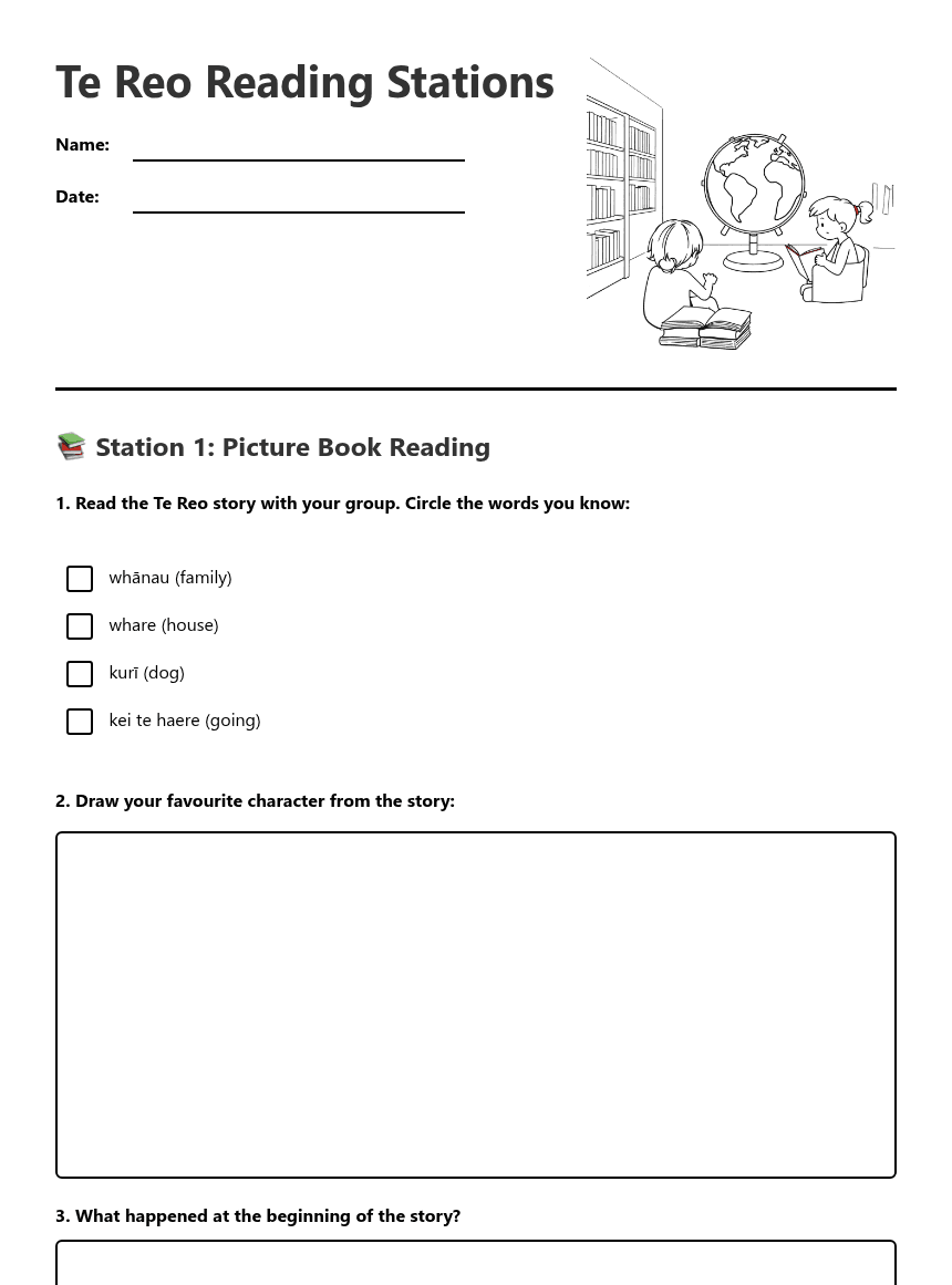 Te Reo Reading Stations worksheet preview