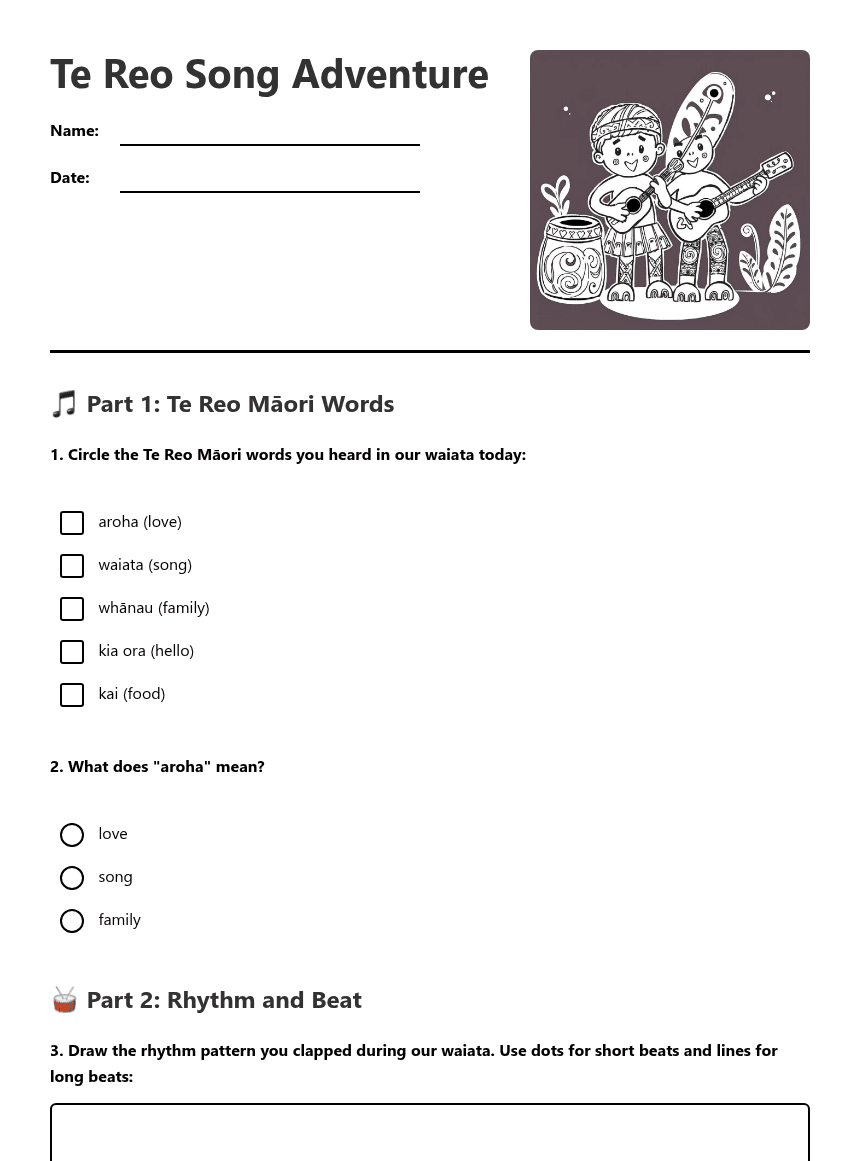 Te Reo Song Adventure worksheet preview