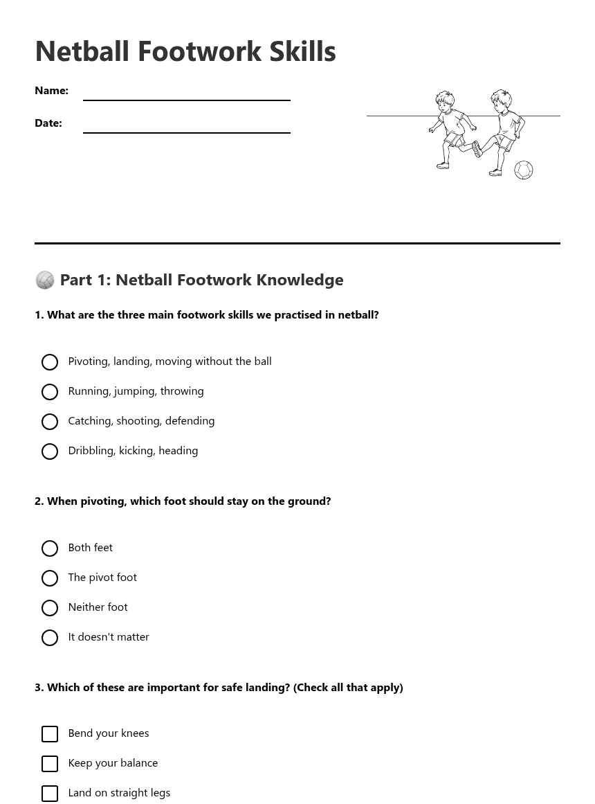Netball Footwork Skills worksheet preview