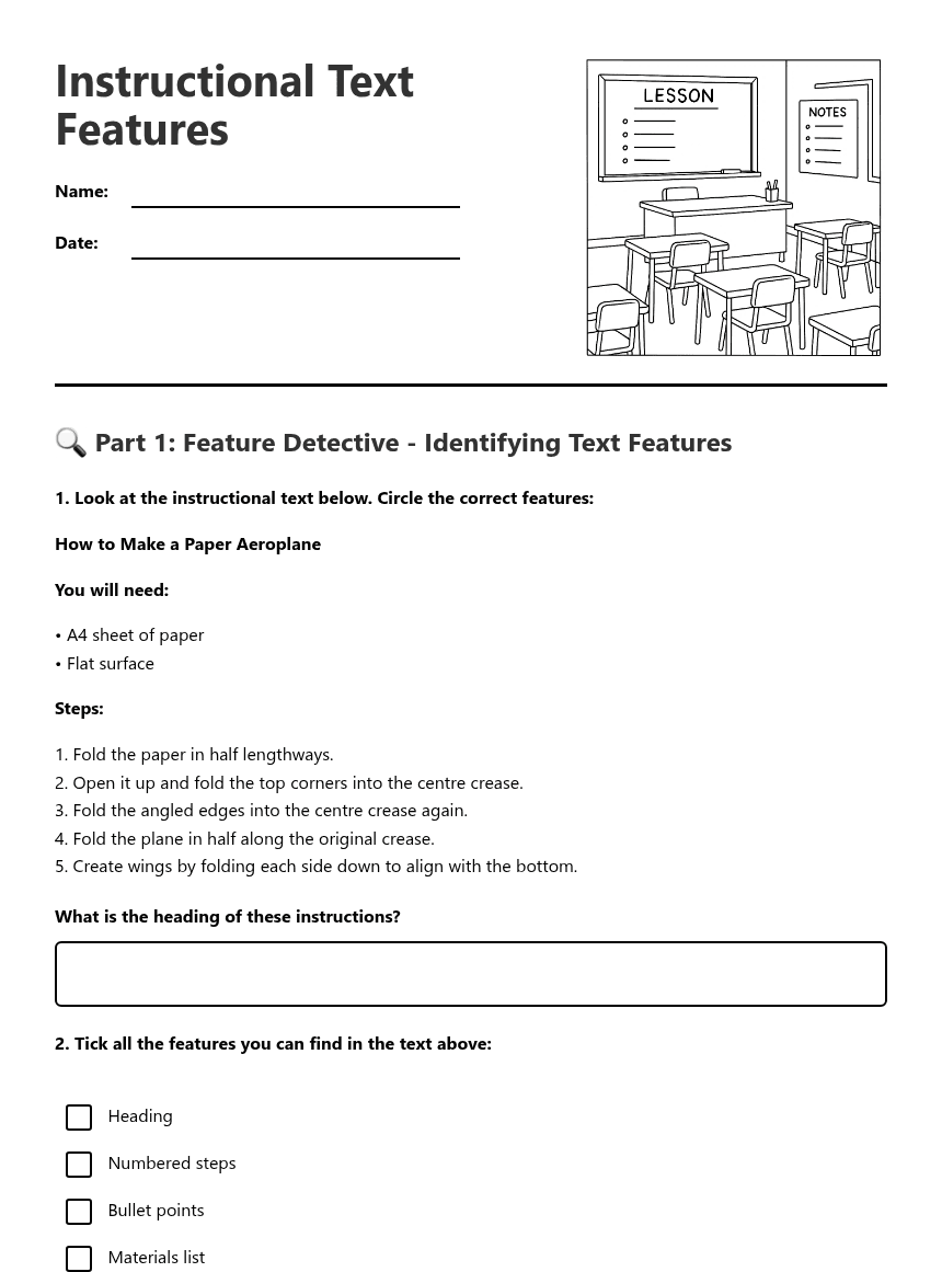 Instructional Text Features worksheet preview