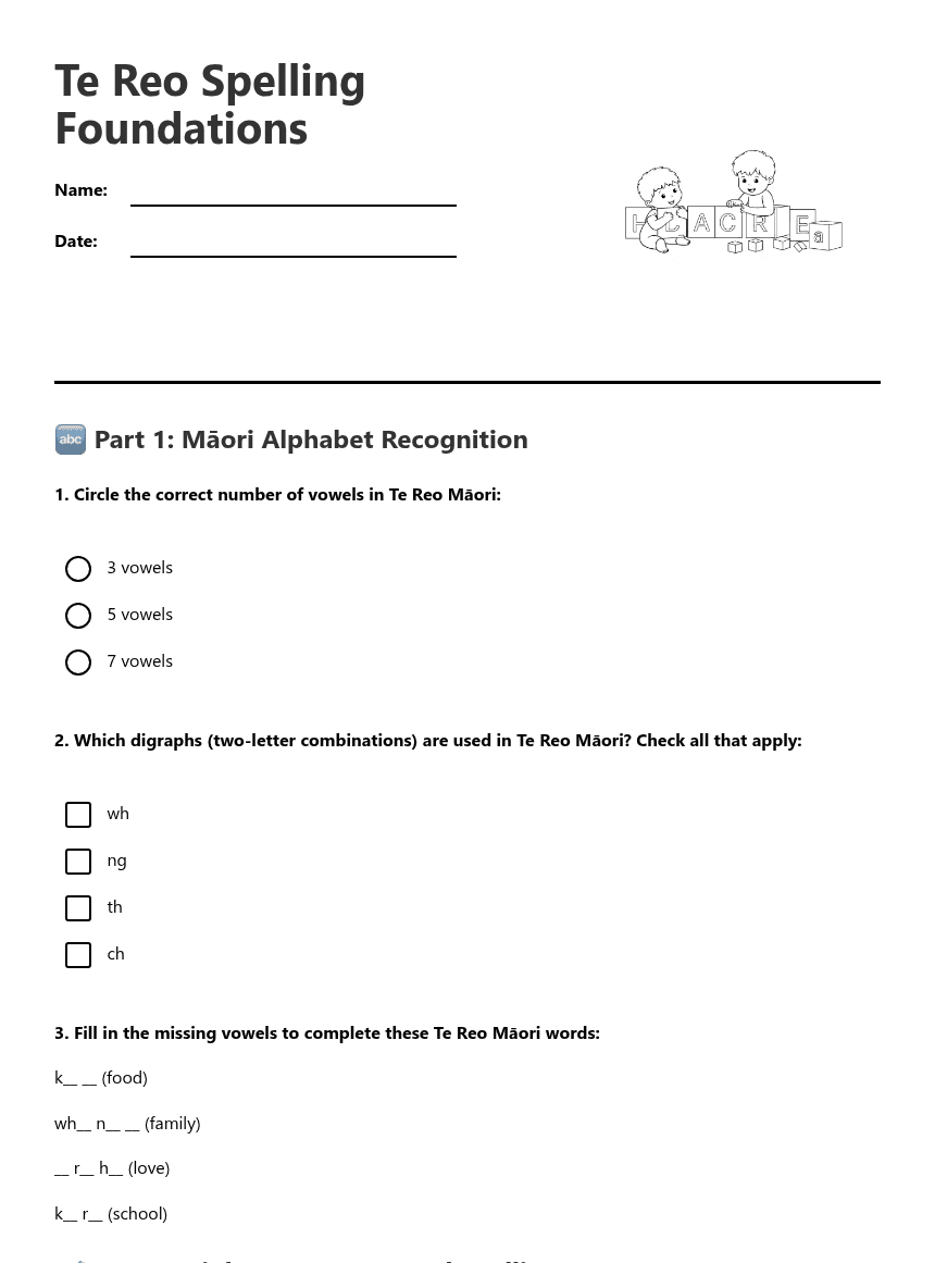 Te Reo Spelling Foundations worksheet preview