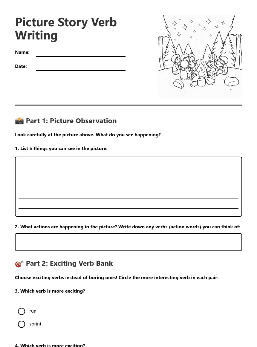 Picture Story Verb Writing worksheet preview