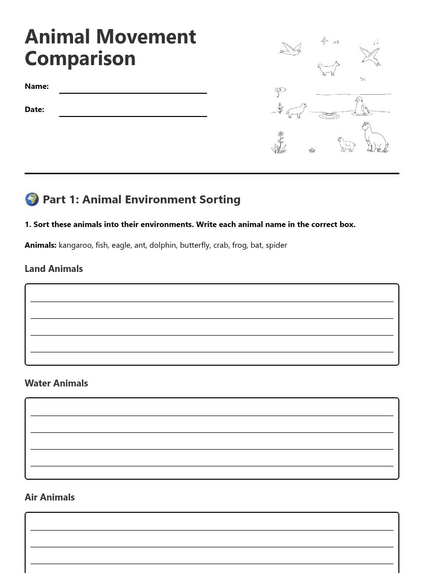 Animal Movement Comparison worksheet preview