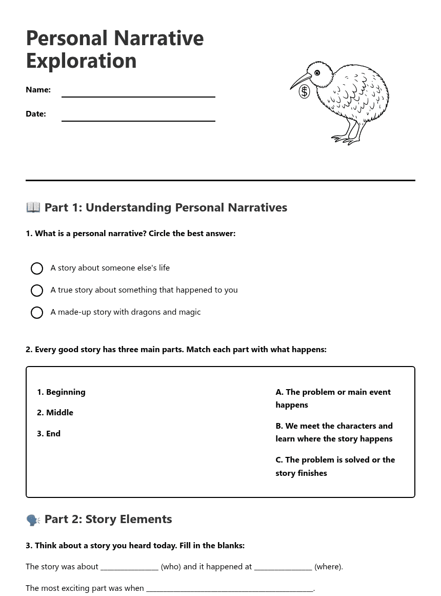 Personal Narrative Exploration worksheet preview