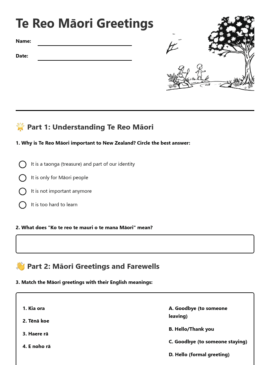 Te Reo Māori Greetings worksheet preview