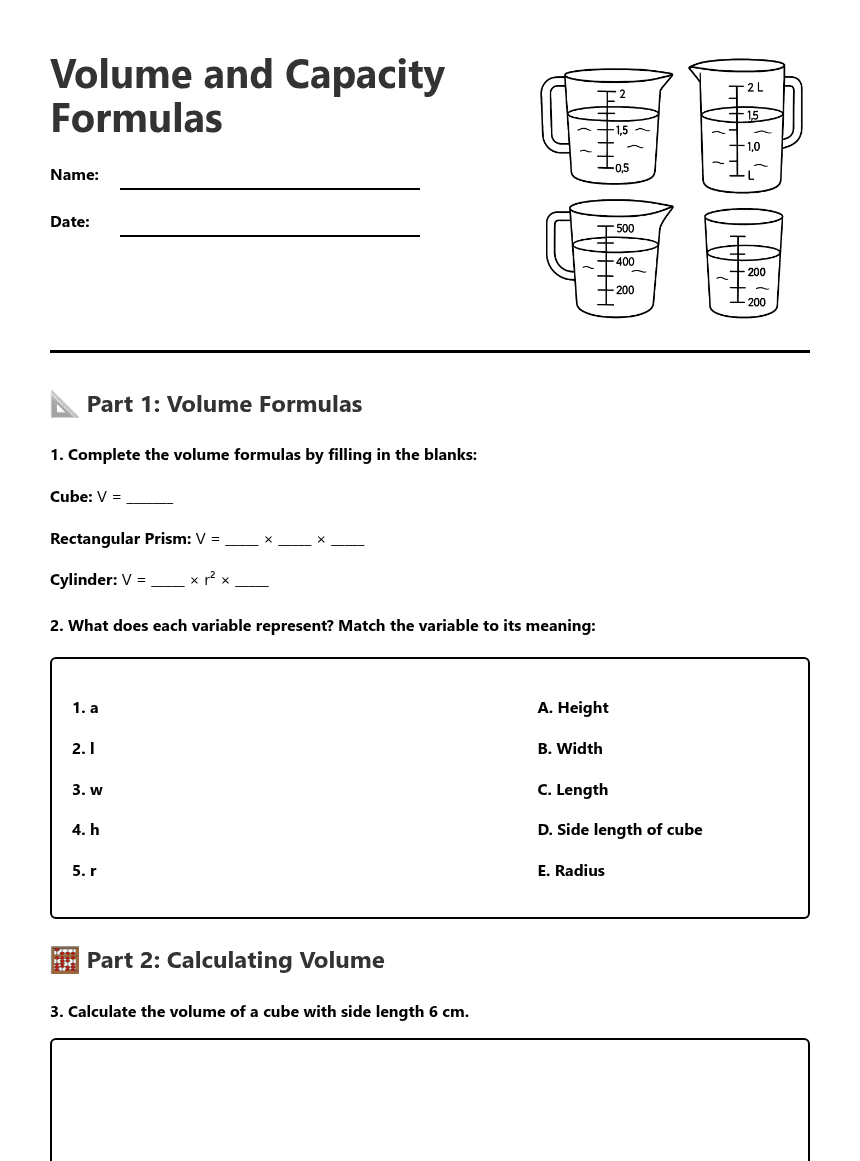 Volume and Capacity Formulas worksheet preview