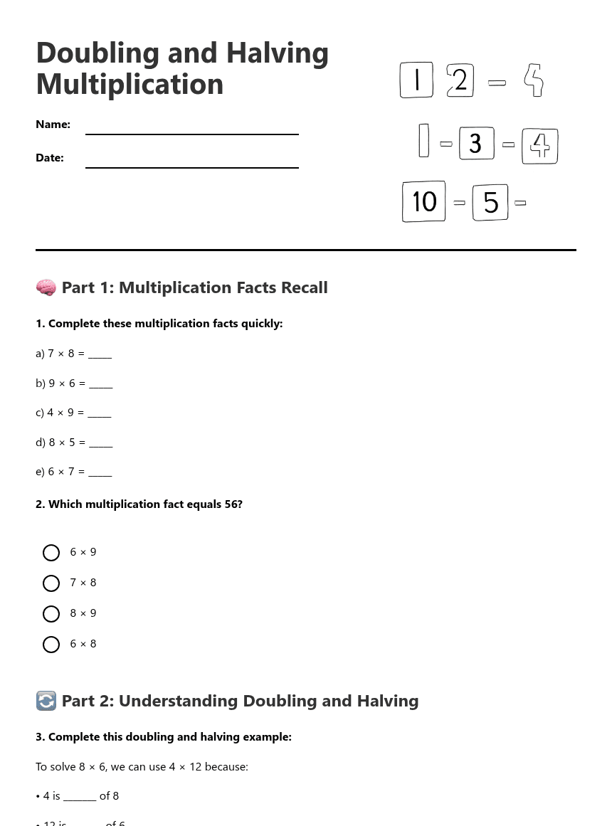 Doubling and Halving Multiplication worksheet preview