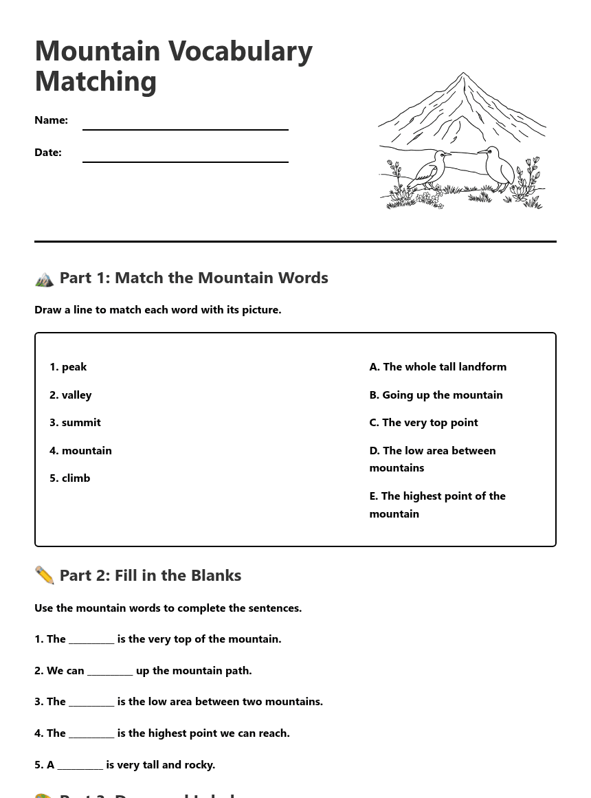 Mountain Vocabulary Matching worksheet preview
