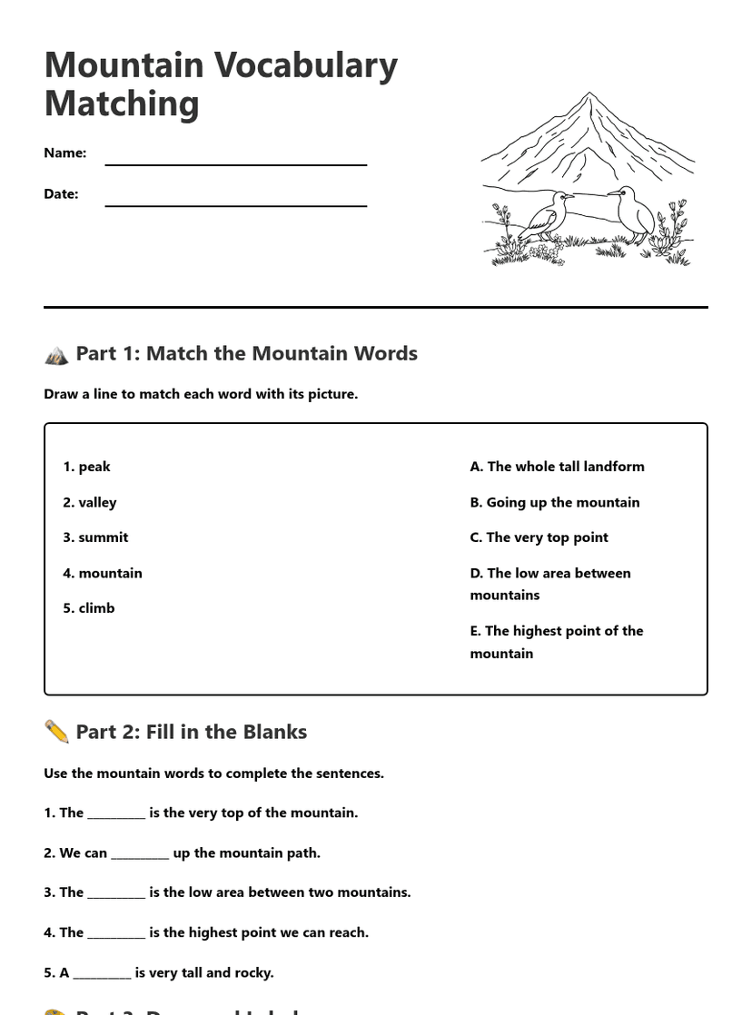 Mountain Vocabulary Matching